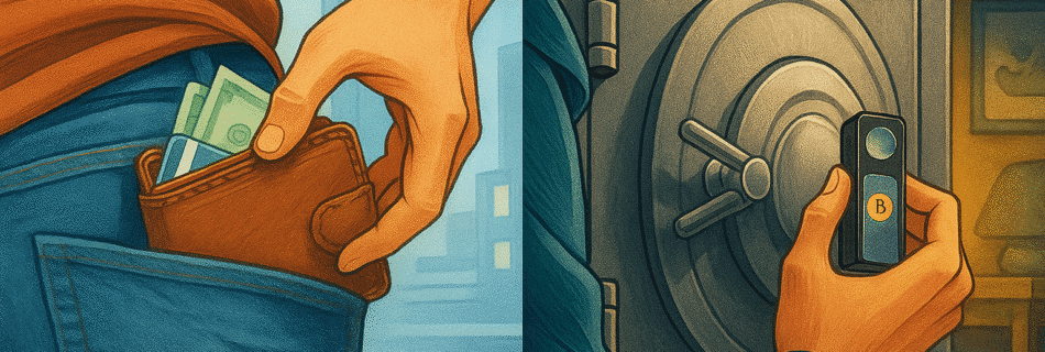 Wallets Calientes vs. Wallets Frías: ¿Cuál Necesitas Para Empezar y Cómo Elegirla? diferencia entre wallet caliente y wallet fría ilustración comparativa